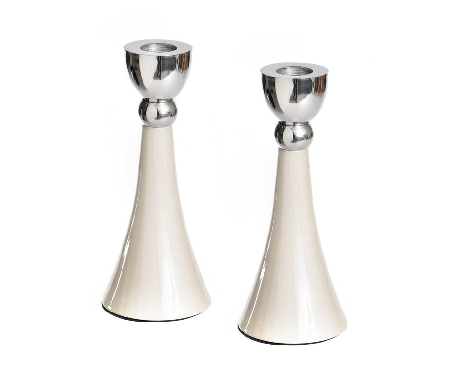 Cone Shaped Shabbat Candlesticks, Silver and Gleaming White Enamel
