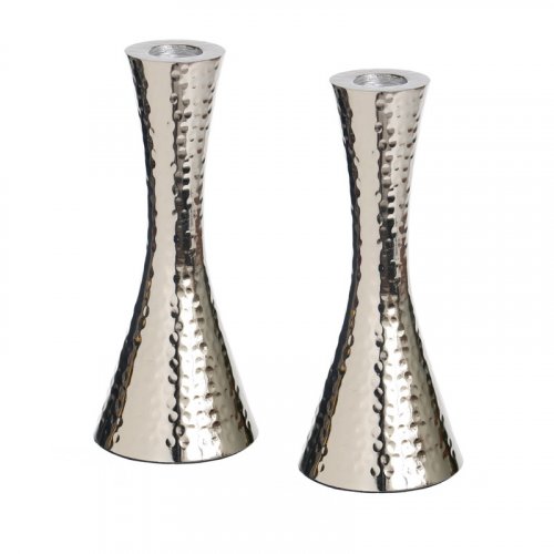 Cone Shaped Shabbat Candlesticks in Nickel Plated Hammered Aluminum  Silver