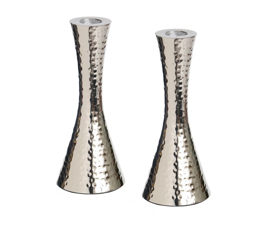Cone Shaped Shabbat Candlesticks in Nickel Plated Hammered Aluminum – Silver