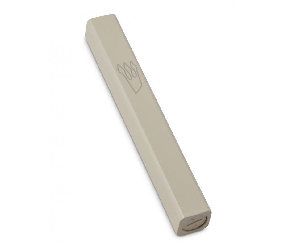 Cream Colored Wood Mezuzah Case with Silver Shin Outline