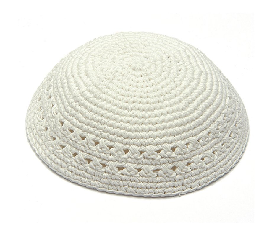 Crocheted White Knitted Kippah with Border Design