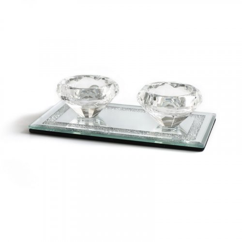 Crystal Glass Miniature Candlesticks, Mirror Base Tray with Crushed Glass