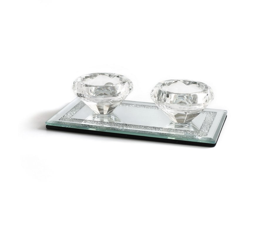 Crystal Glass Miniature Candlesticks, Mirror Base Tray with Crushed Glass