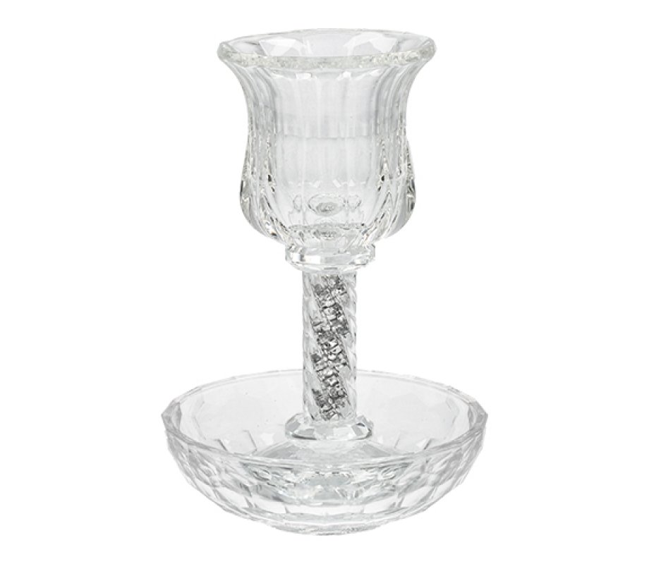 Crystal Glass Stem Kiddush Cup and Saucer - Decorative Crushed Dark Stones