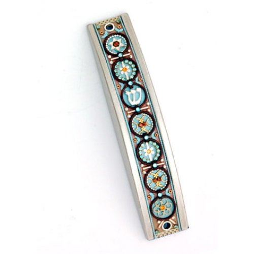 Curved Pewter Mezuzah in Brown and Blue by Ester Shahaf