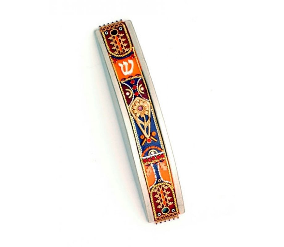 Curved Pewter Mezuzah in Orange and Blue by Ester Shahaf