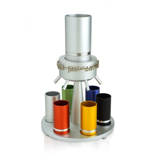 Dabbah Judaica Anodized Aluminum Wine Fountain Silver Line 6 Cups - Colorful