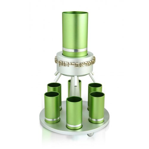 Dabbah Judaica Anodized Aluminum Wine Fountain Silver Line 6 Cups - Green