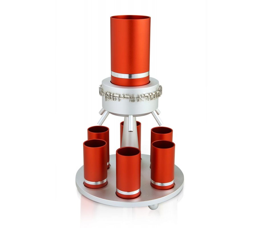 Dabbah Judaica Anodized Aluminum Wine Fountain Silver Line 6 Cups - Red