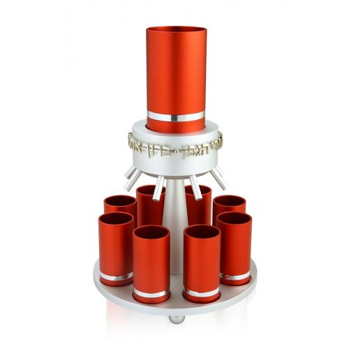 Dabbah Judaica Anodized Aluminum Wine Fountain Silver Line 8 Cups - Red