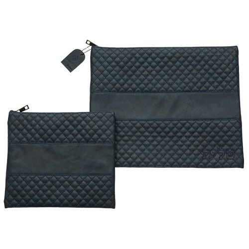 Dark Blue Faux Leather Tallit and Tefillin Bag Set with Diamond Design