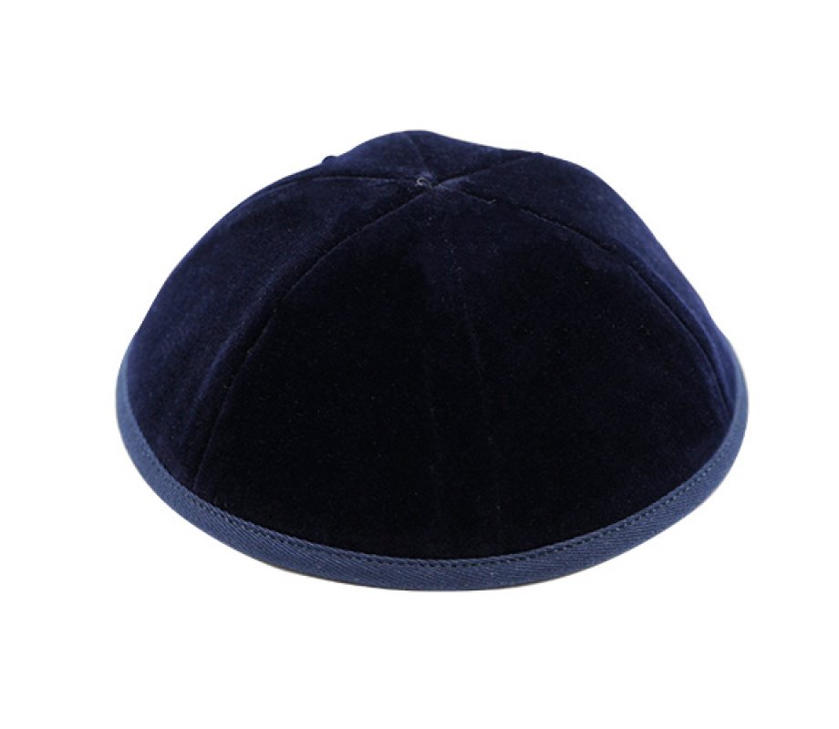 Dark Blue Velvet Kippah with Ribbon Border - 4 Sections