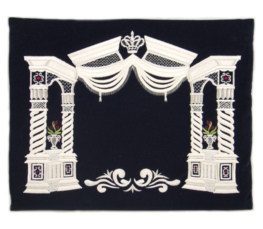 Dark Blue Velvet Tallit & Tefillin Bags - Silver Vilna Pillars