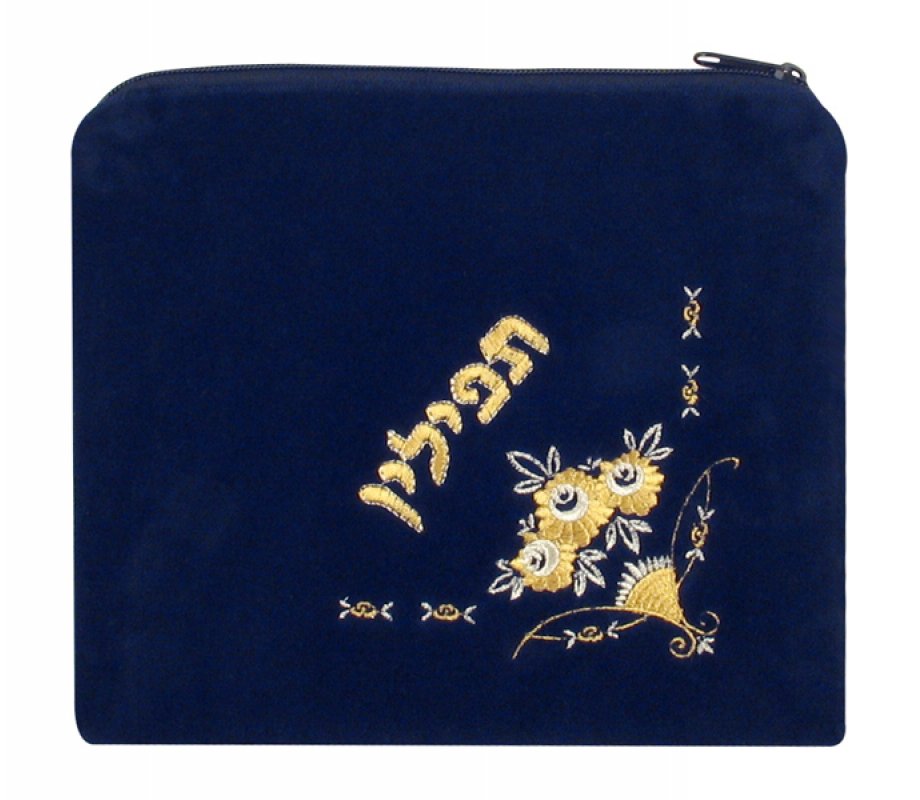 Dark Blue Velvet Tallit & Tefillin Bags Flowers design
