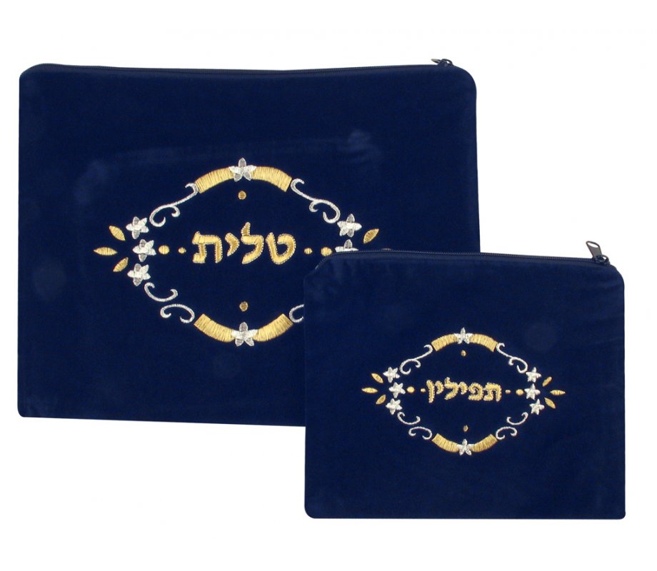 Dark Blue Velvet Tallit & Tefillin Bags-flower design