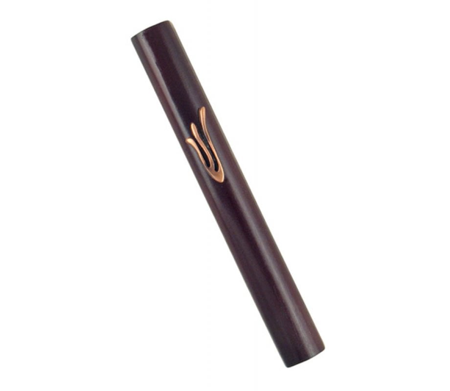 Dark Brown Wood Rounded Mezuzah Case with Bronze Pewter Flame Shaped