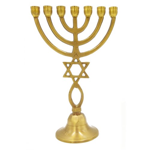 Dark Gold Brass 7-Branch Menorah with Star of David and Grafted In Symbol  9
