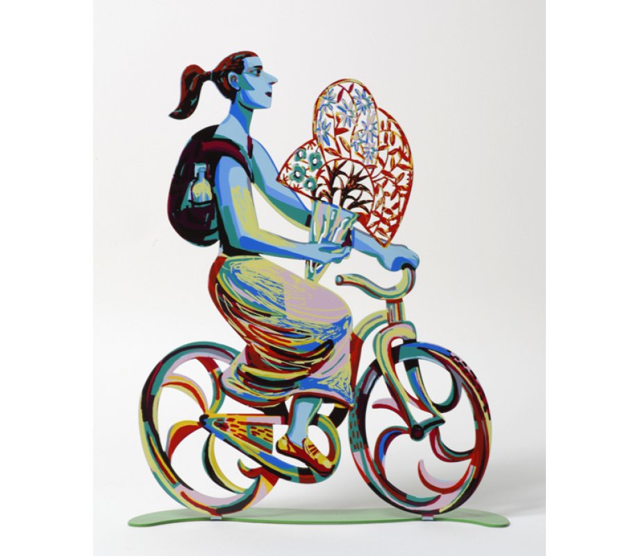 David Gerstein Free Standing Double Sided Bicycle Sculpture - Rider with Flowers