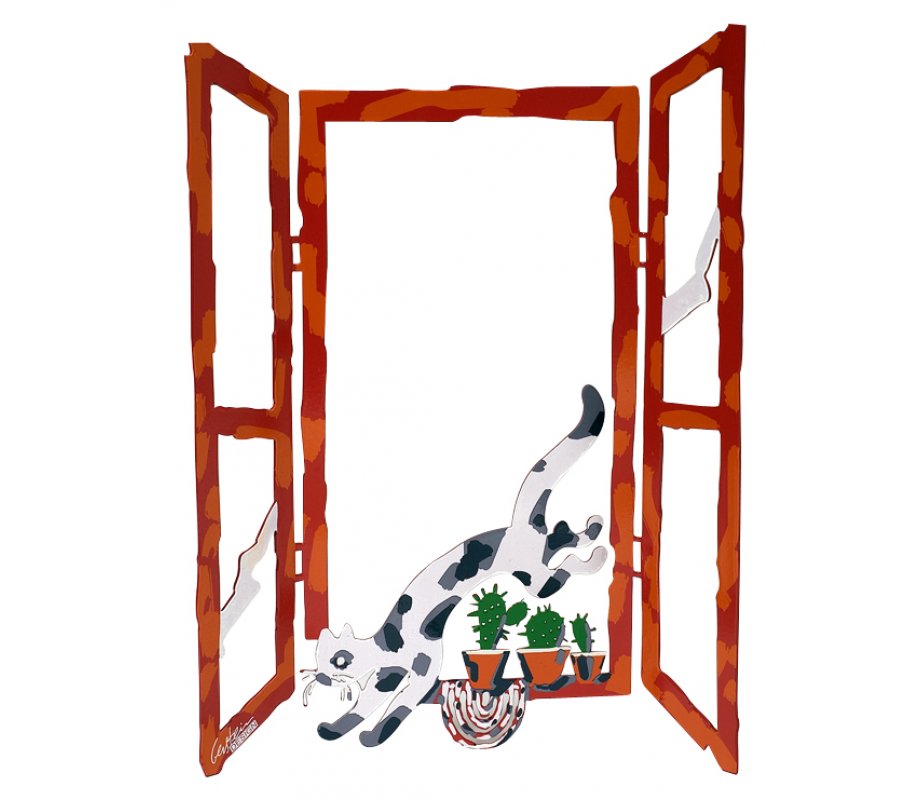 David Gerstein Free Standing Open Window Cat and Cactus Sculpture - Back Home