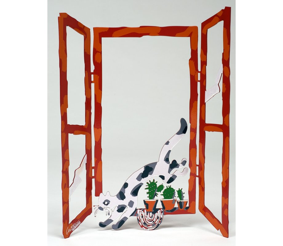David Gerstein Free Standing Open Window Cat and Cactus Sculpture - Back Home