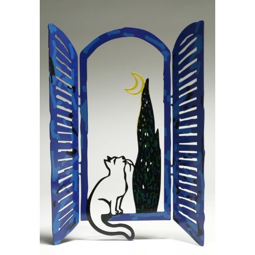 David Gerstein Free Standing Open Window Sculpture - Cat Moon and Tree
