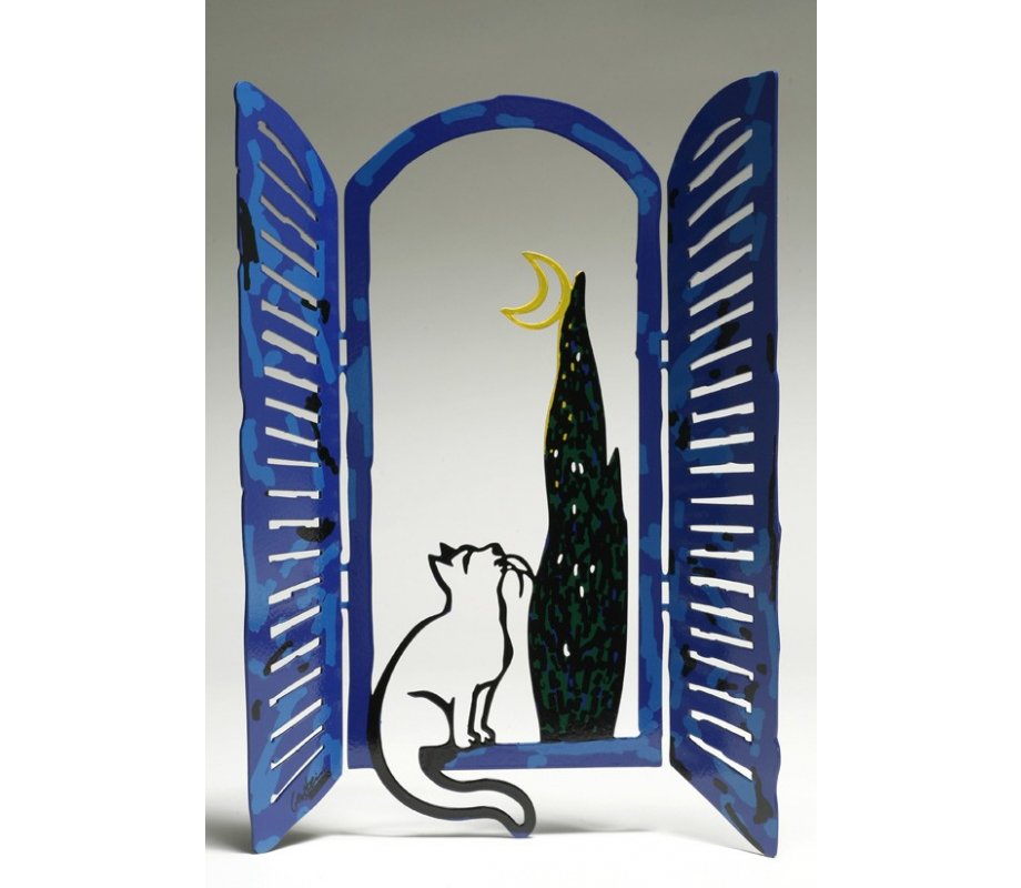 David Gerstein Free Standing Open Window Sculpture - Cat Moon and Tree