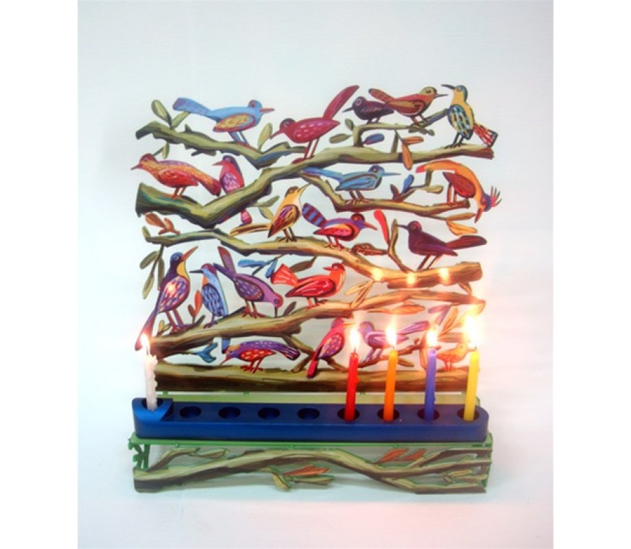 David Gerstein Laser Cut Metal Colorful Chanukah Menorah - Fluttering Birds