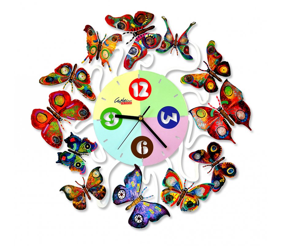 David Gerstein Wall Clock, Frame of Colorful Revolving Butterflies