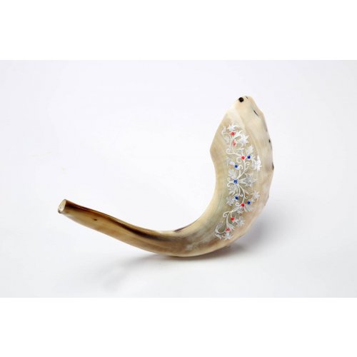 Decorated Hand Painted Ram's Horn Shofar Decorative Leaf Design