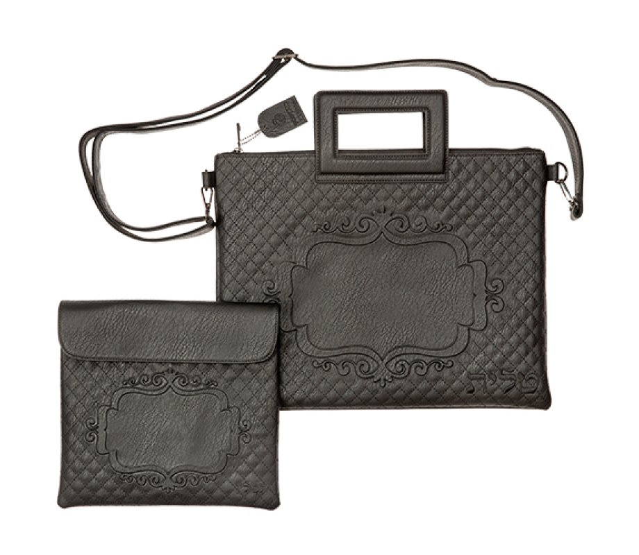 Decorative Black Faux Leather Tallit and Tefillin Bag Set – Shoulder Strap