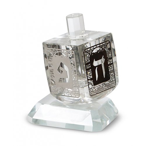 Decorative Crystal NO-FALL DREIDEL on Base, Cut Out Hebrew Letters - Silver