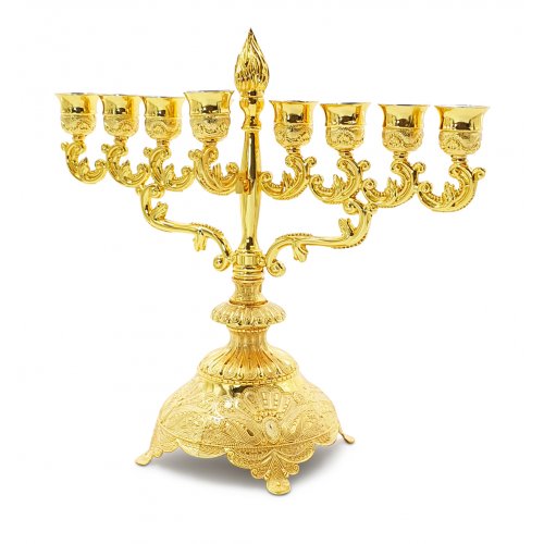 Decorative Gold Chanukah Menorah, Filigree with Flame Rod - 11.4 Inches High