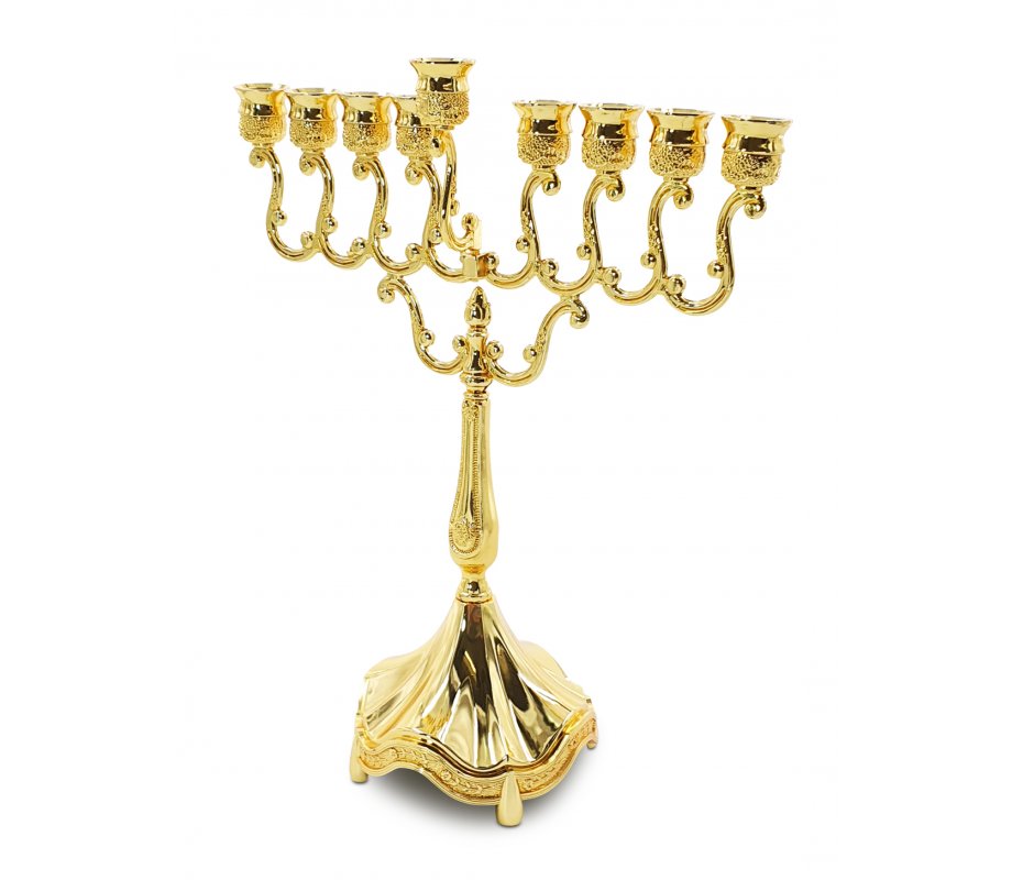 Decorative Gold Chanukah Menorah, Swirls and Engraved Flowers - 11 Inches High