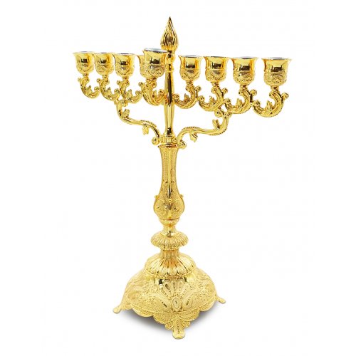 Decorative Gold Chanukah Menorah with Filigree Design, Flame Rod - 15.3 Inches