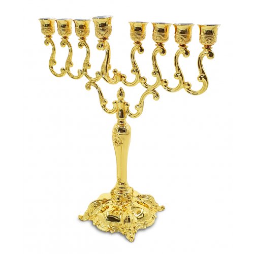 Decorative Gold Metal Chanukah Menorah with Swirls - 14.1 Inches Height