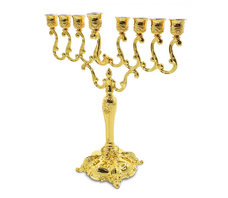 Decorative Gold Metal Chanukah Menorah with Swirls - 14.1 Inches Height
