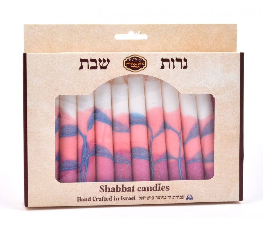 Decorative Handmade Galilee Shabbat Candles - Pink, Gray and White with Streaks