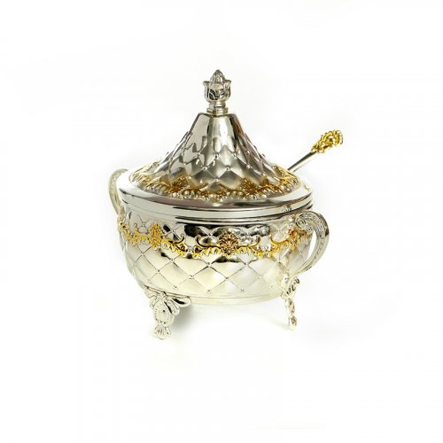 Decorative Honey Dish, Silver Plated with Gold Elements - Dome Lid and Teaspoon