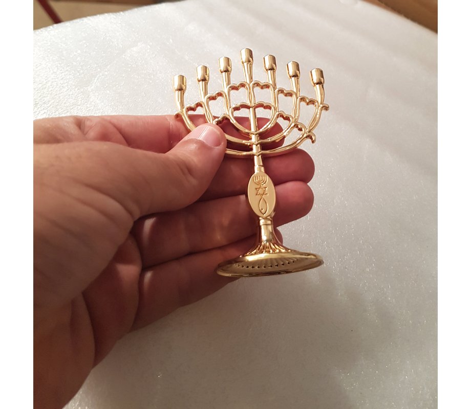 Decorative Mini 7 Branch Menorah with Fish Symbol, Gold - 4