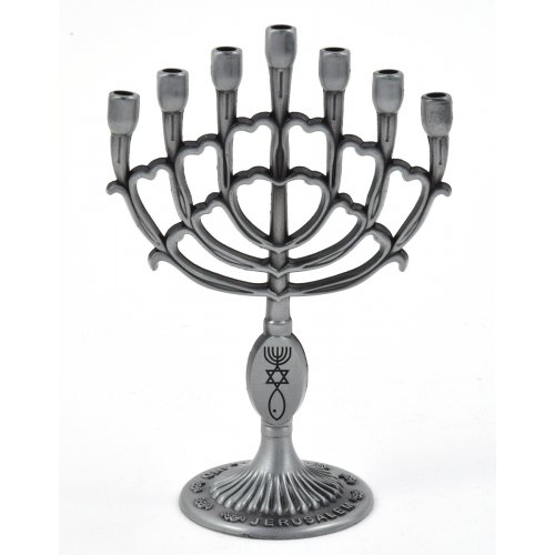 Decorative Mini 7 Branch Menorah with Fish Symbol, Pewter - 4