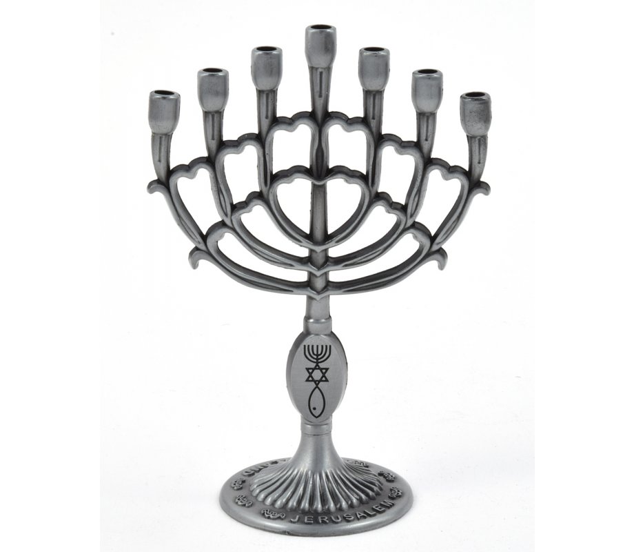 Decorative Mini 7 Branch Menorah with Fish Symbol, Pewter - 4