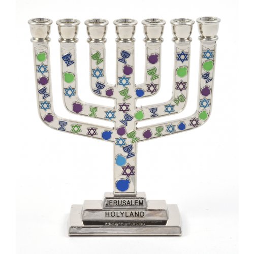 Decorative Mini 7-Branch Menorah with Colorful Judaic Symbols - 3.9