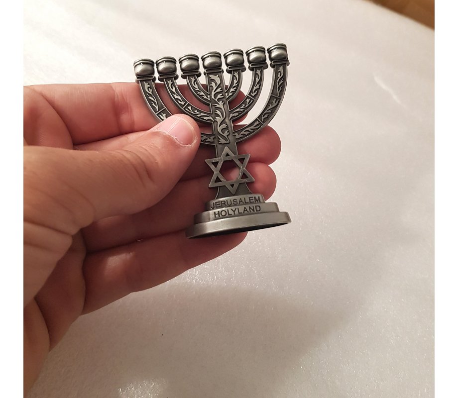 Decorative Miniature 7 Branch Menorah with Star of David, Pewter - 2.7 Inches
