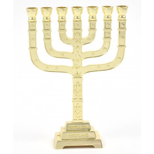 Decorative Seven Branch Mini Menorah with Judaic Emblems, Gold - 7