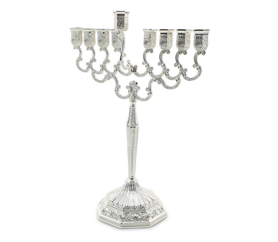 Decorative Silver Chanukah Menorah, Filigree Design - 12.2 Inches Height