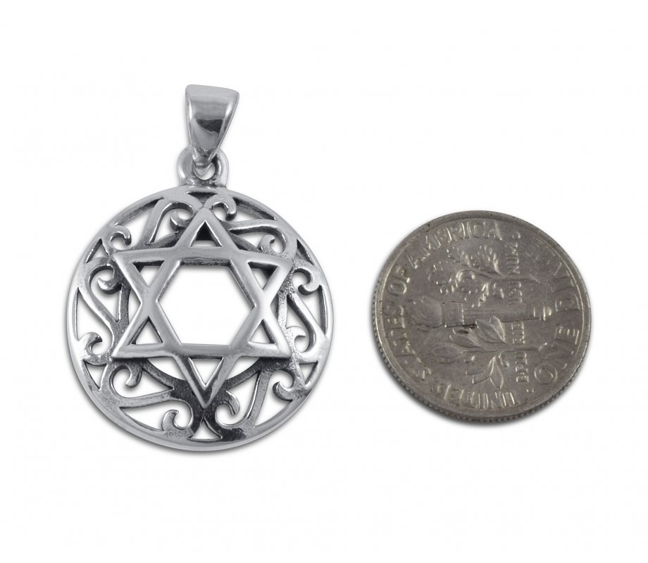 Decorative Star of David with Swirls Sterling Silver Pendant Necklace