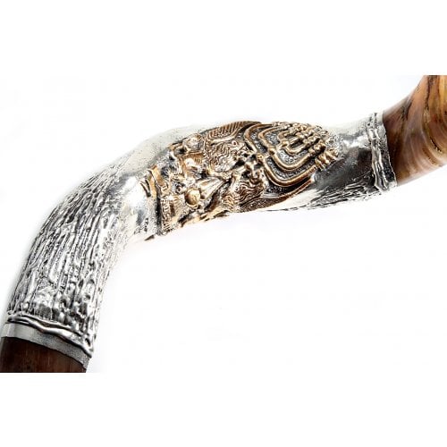 Decorative Sterling Silver Yemenite Shofar - Lion of Judah & Menorah