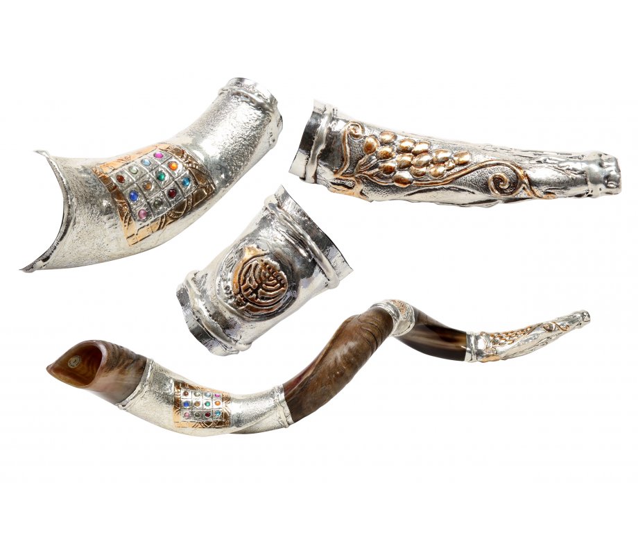 Decorative Yemenite Shofar - Sterling Silver Choshen, Menorah, Olives