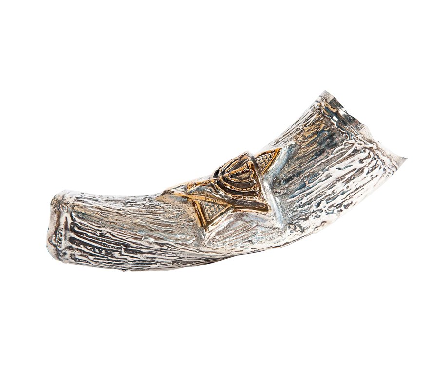 Decorative Yemenite Shofar with Sterling Silver with Menorah, Star of David and Olives