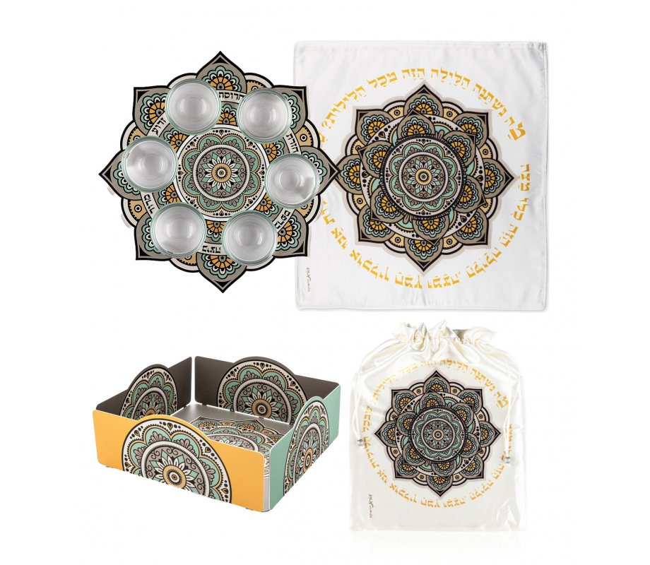 Dorit Judaica 4 Pce Pesach Set: Seder Plate, Matzah Tray, Matzah Covers - Mandala
